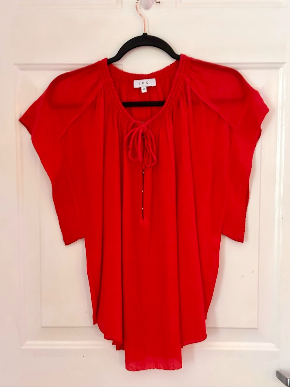 IRO Vibrant Red Tie-Neck Flutter Sleeve Blouse